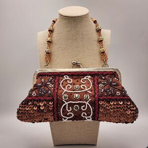 VTG 80s Brown Satin Hand Beaded Evening Bag Purse Sequin Kiss Lock Boho AS IS